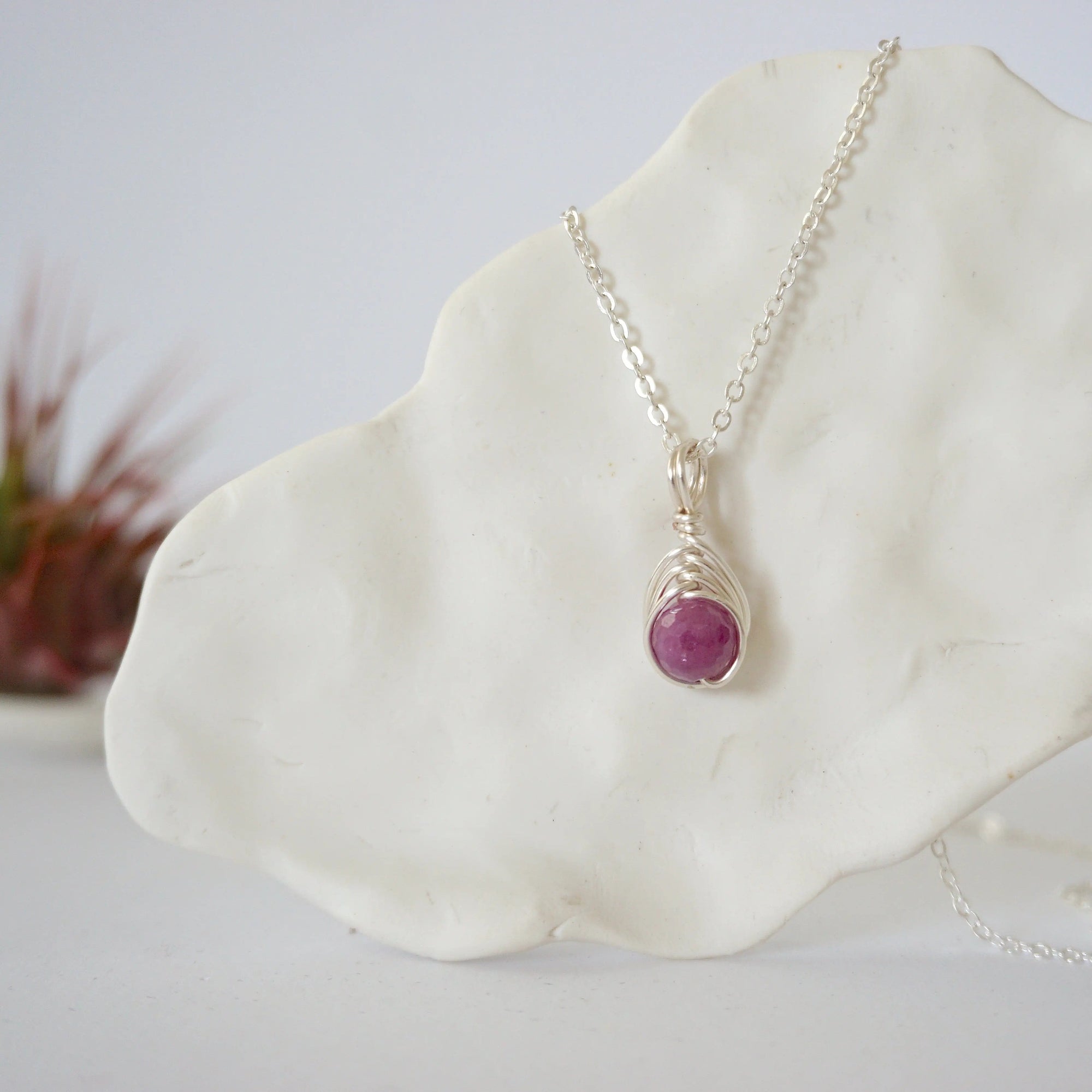 Minimalist ruby bead necklace for women with faceted natural ruby in silver wire wrapped pendant on fine cable chain — handmade by Designs by Nature Gems