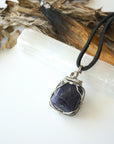 Natural sapphire necklace on a genuine black leather cord — dark silver wire wrap, handcrafted crystal jewelry by Designs by Nature Gems