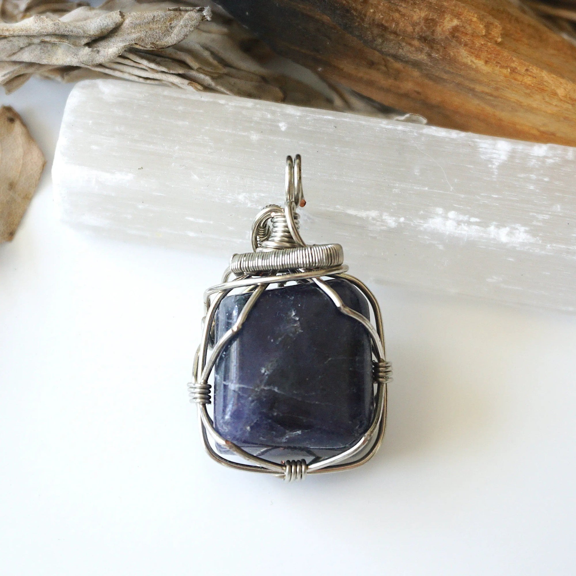 Natural sapphire necklace — dark silver wire wrap, handcrafted crystal jewelry by Designs by Nature Gems