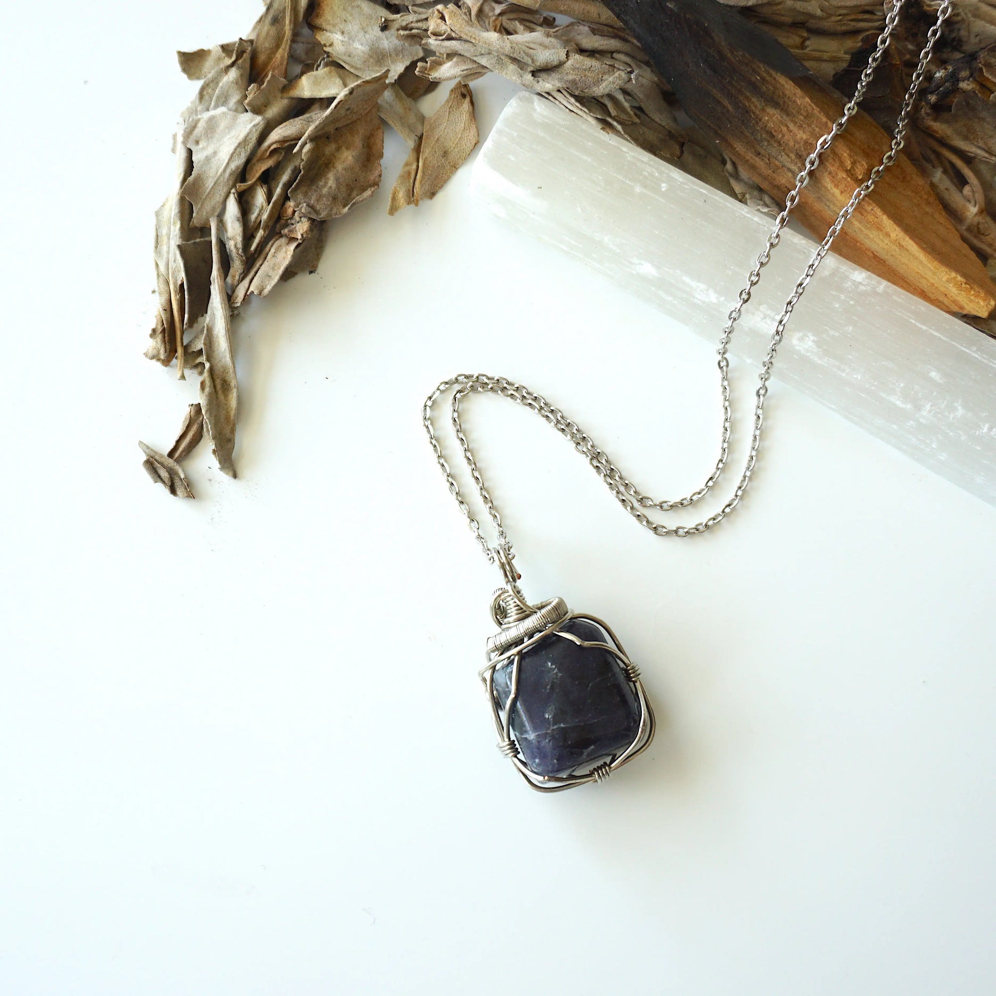 Natural sapphire necklace on a white gold plated brass chain — dark silver wire wrap, handcrafted crystal jewelry by Designs by Nature Gems