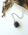 Natural sapphire necklace on a white gold plated brass chain — dark silver wire wrap, handcrafted crystal jewelry by Designs by Nature Gems