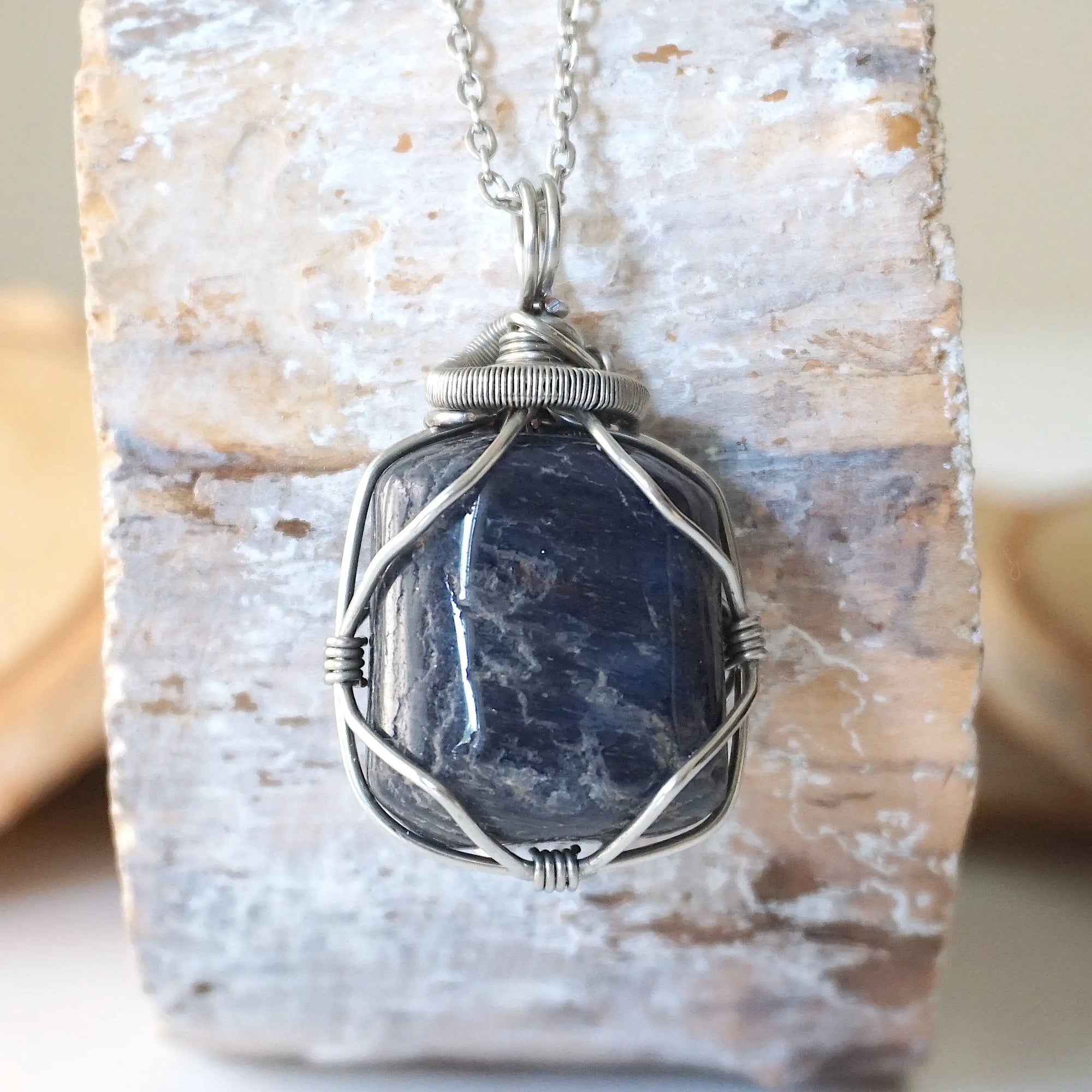 Natural sapphire necklace on a white gold plated brass chain — dark silver wire wrap, handcrafted crystal jewelry by Designs by Nature Gems