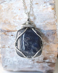Natural sapphire necklace on a white gold plated brass chain — dark silver wire wrap, handcrafted crystal jewelry by Designs by Nature Gems