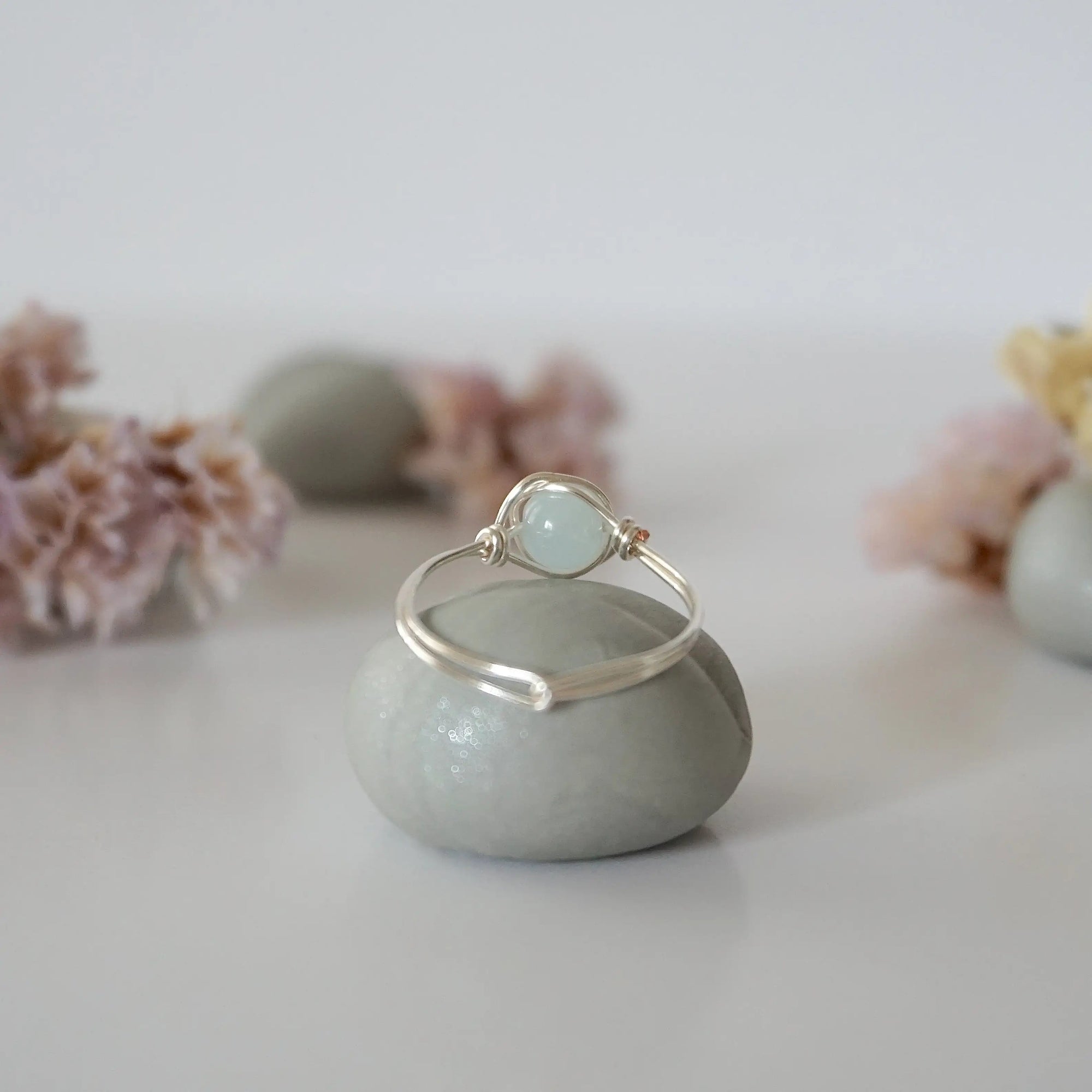 Back side angle of silver aquamarine ring, handcrafted wire wrapping, Designs by Nature Gems