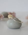 Side profile of raw silver citrine ring showing wire wrapping technique and crystal dimension - simple minimalist handmade crystal ring detail view