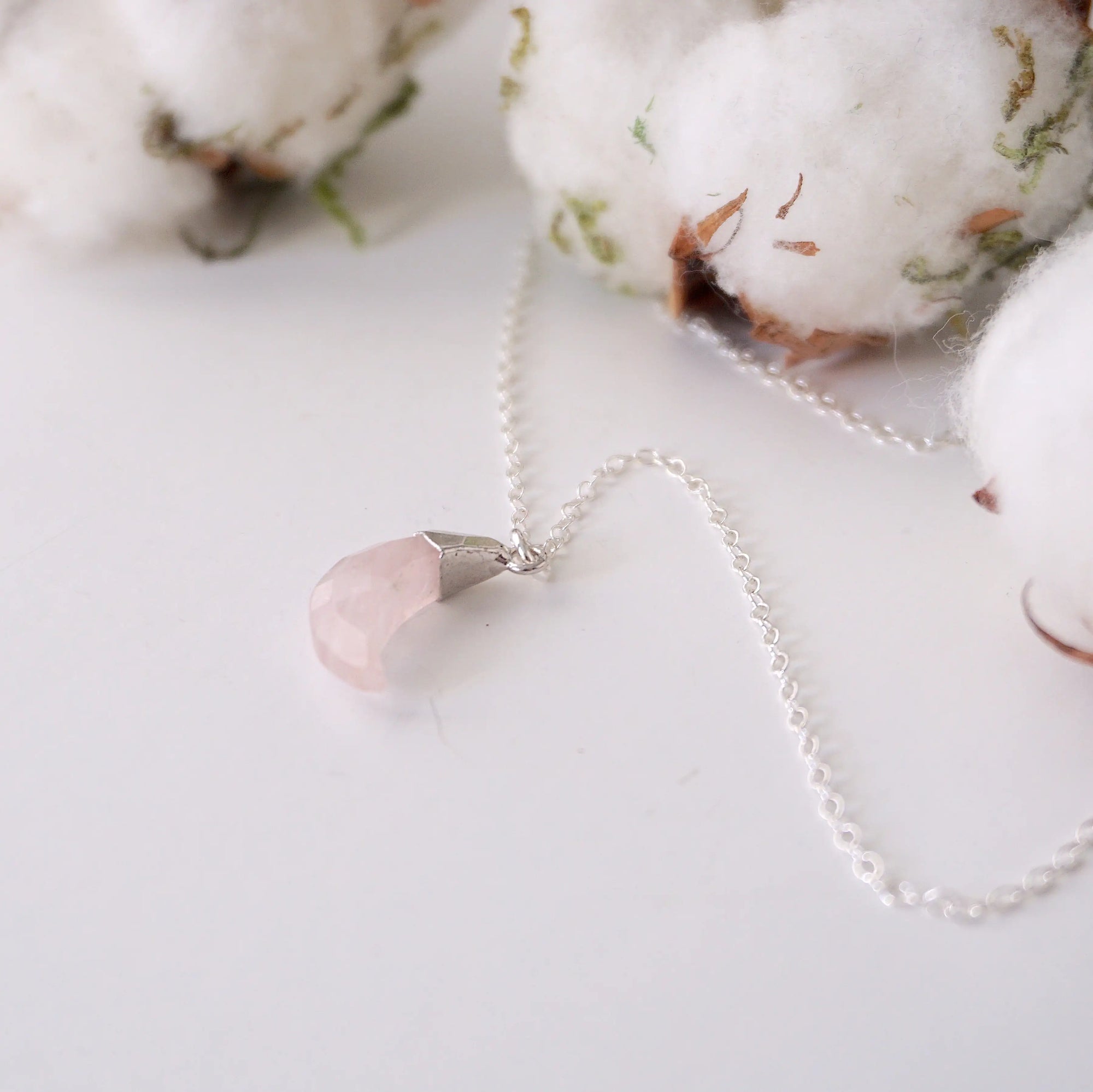 Sterling Silver Rose Quartz Moon Charm Necklace DesignsbyNatureGems