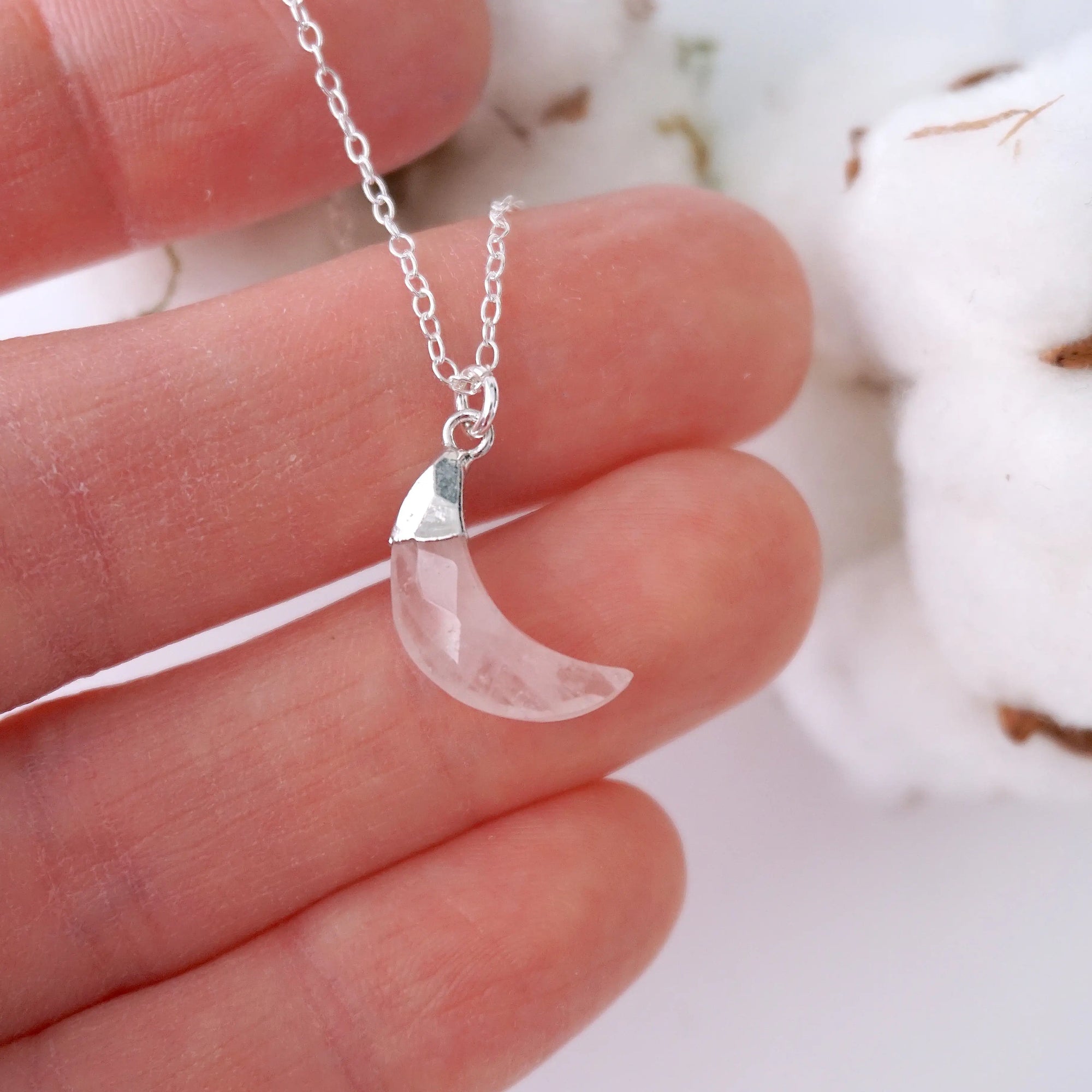 Sterling Silver Rose Quartz Moon Charm Necklace DesignsbyNatureGems