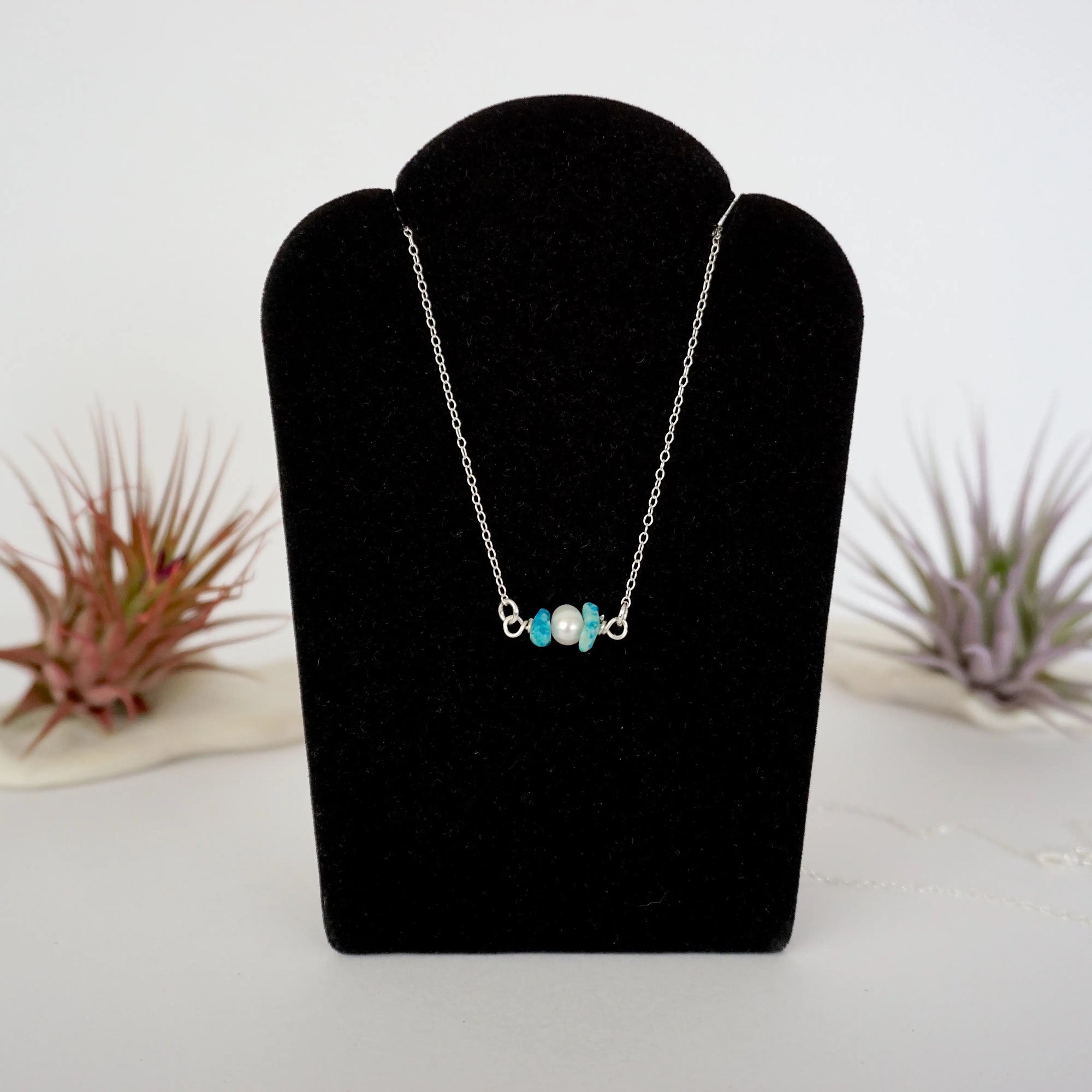 Sterling silver turquoise pearl bar necklace handmade pendant full view