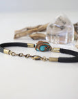 Back view of turquoise bracelet showing antique bronze wire wrapping technique and adjustable leather strap closure, 0.5 inch extension