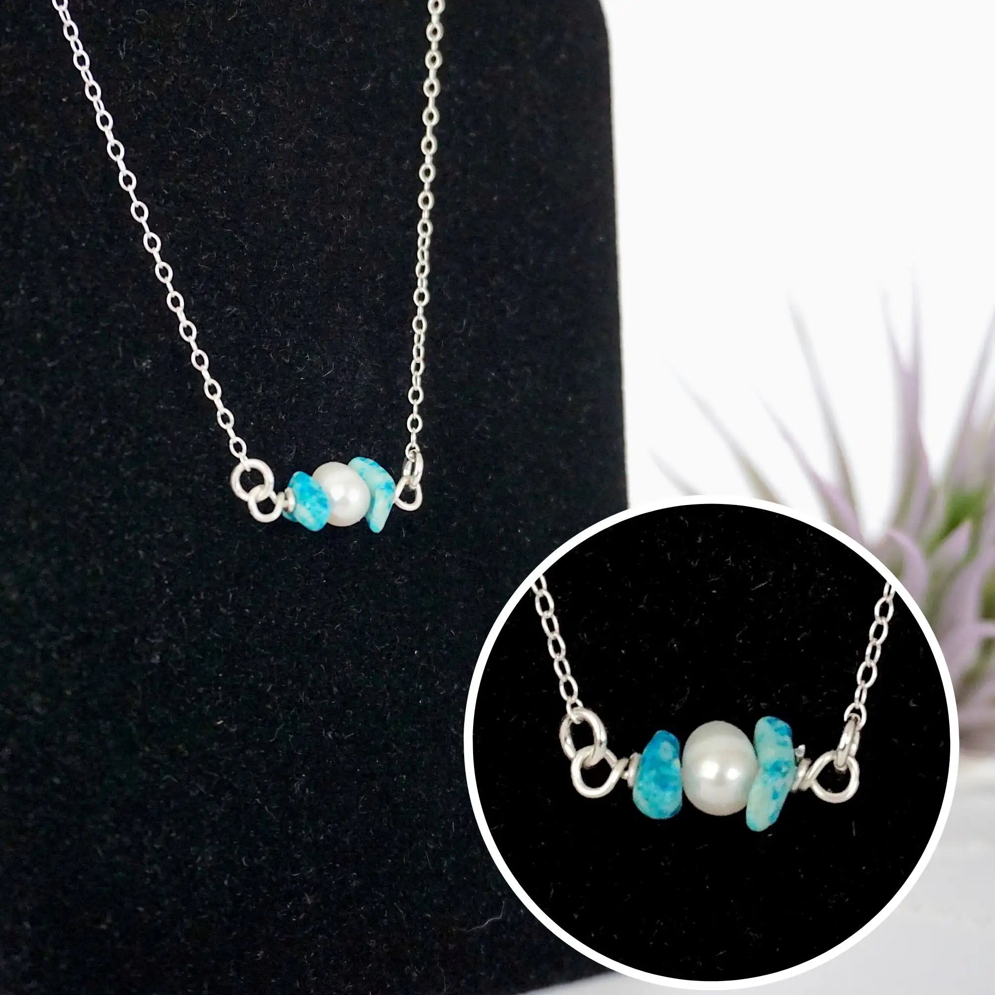 Raw turquoise pearl bar pendant close up detail handmade sterling silver wire