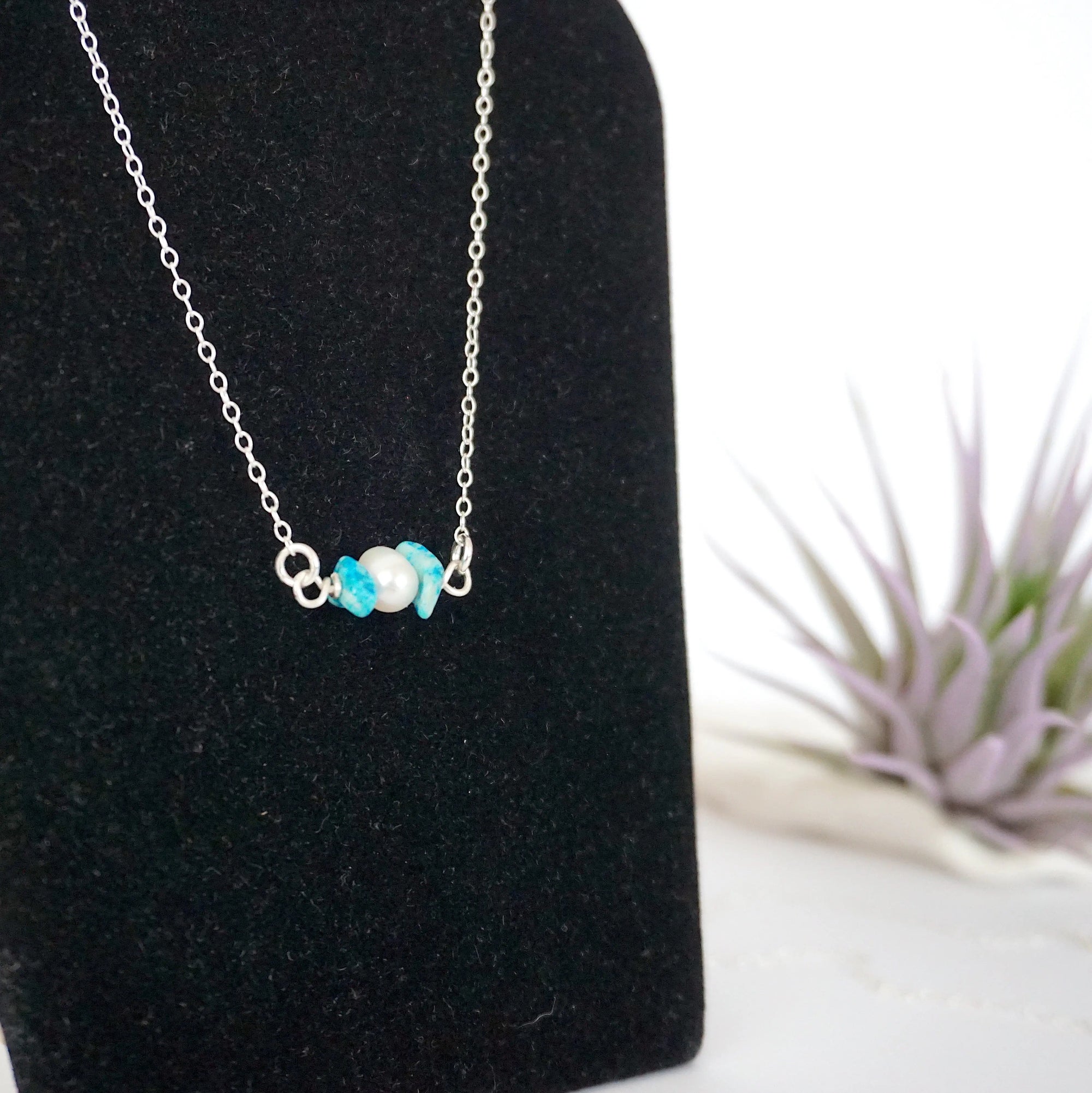 Raw turquoise freshwater pearl bar pendant right angle close up detail view