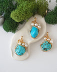 Three turquoise and pearl necklaces showing natural stone color variation and unique handmade designs