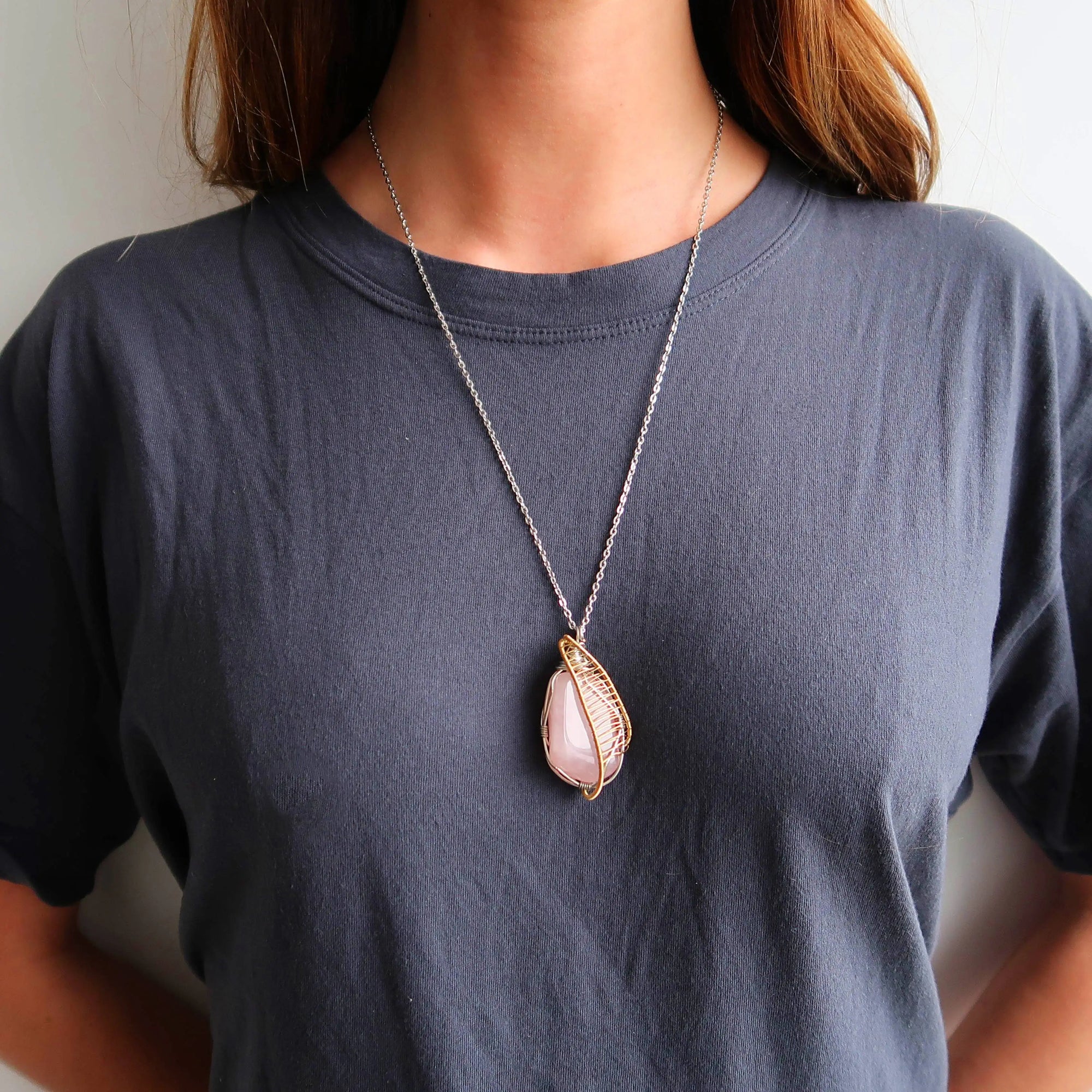 Wire Wrapped Rose Quartz Crystal Necklace DesignsbyNatureGems