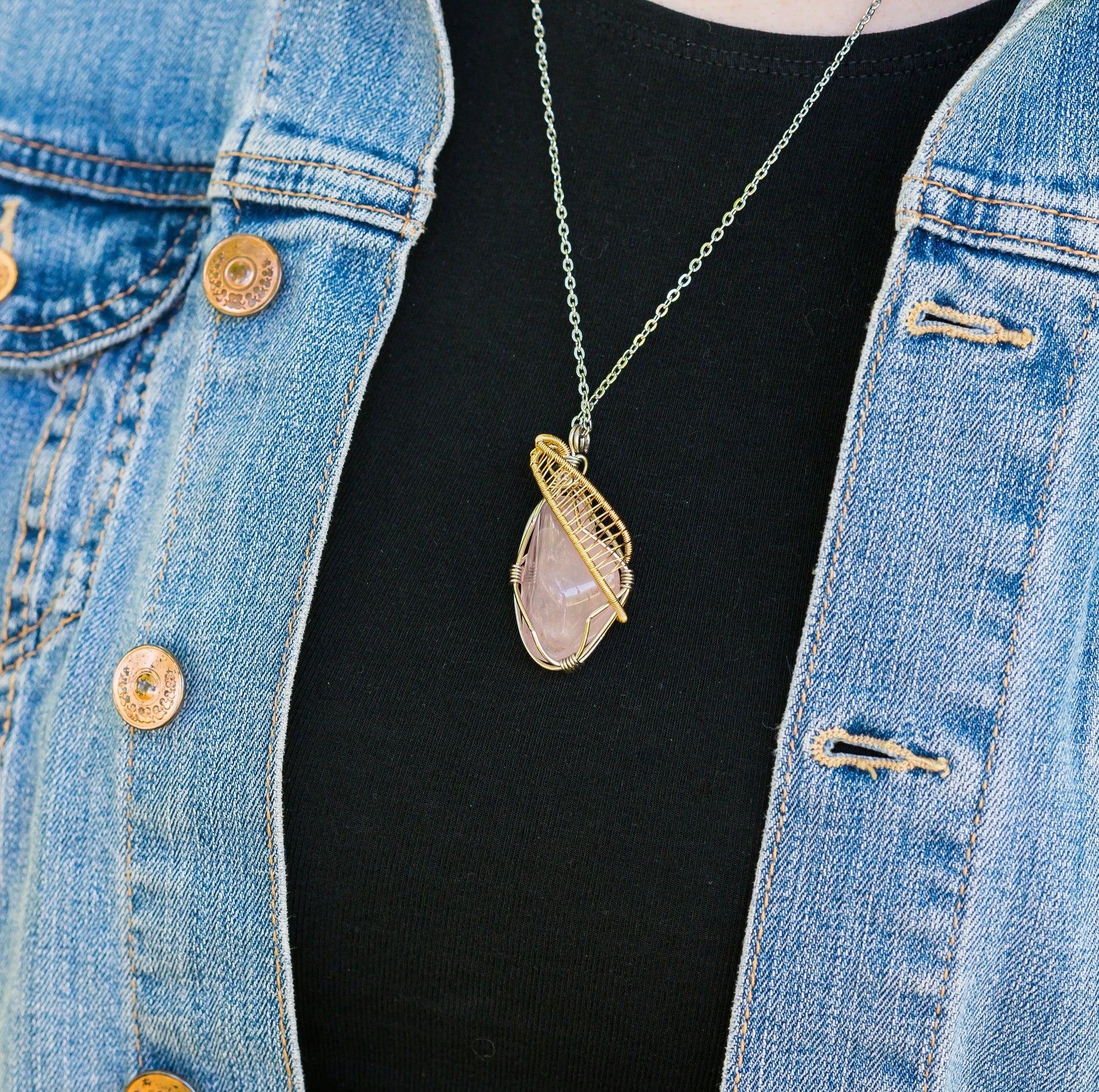 Wire Wrapped Rose Quartz Crystal Necklace DesignsbyNatureGems