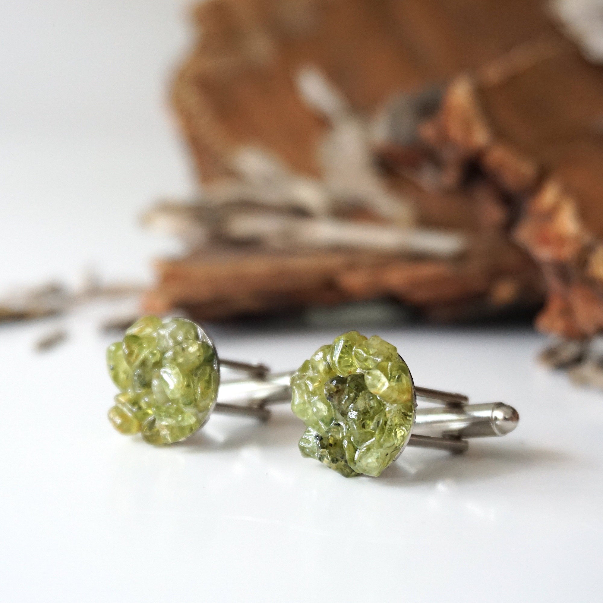 Raw peridot cluster cufflinks for men — vivid olive green natural gemstones on white gold finish, handmade August birthstone jewelry by Designs by Nature Gems