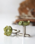 Peridot cufflinks for men in white gold finish — cluster of genuine olive green raw peridot stones on T-bar toggle cufflinks, handmade August birthstone gift by Designs by Nature Gems